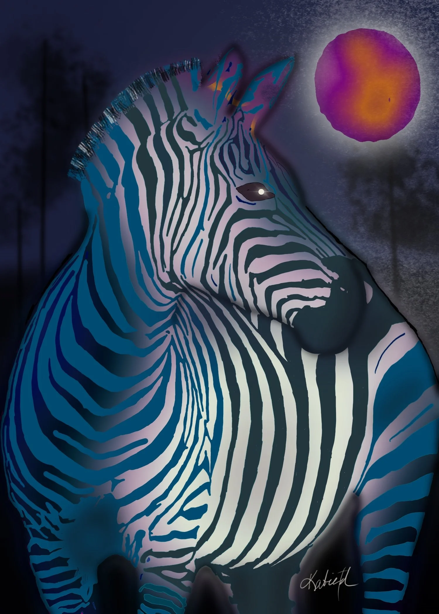 Midnight, a bold zebra illustration with layered blue and teal stripes beneath a glowing magenta moon, created by Katie Thornsvard for the Wild Pack Print Club.