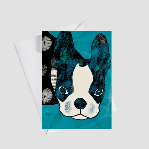 Boston Terrier greeting card featuring a black and white dog with bright blue eyes and colorful ears against a turquoise swimming pool background.