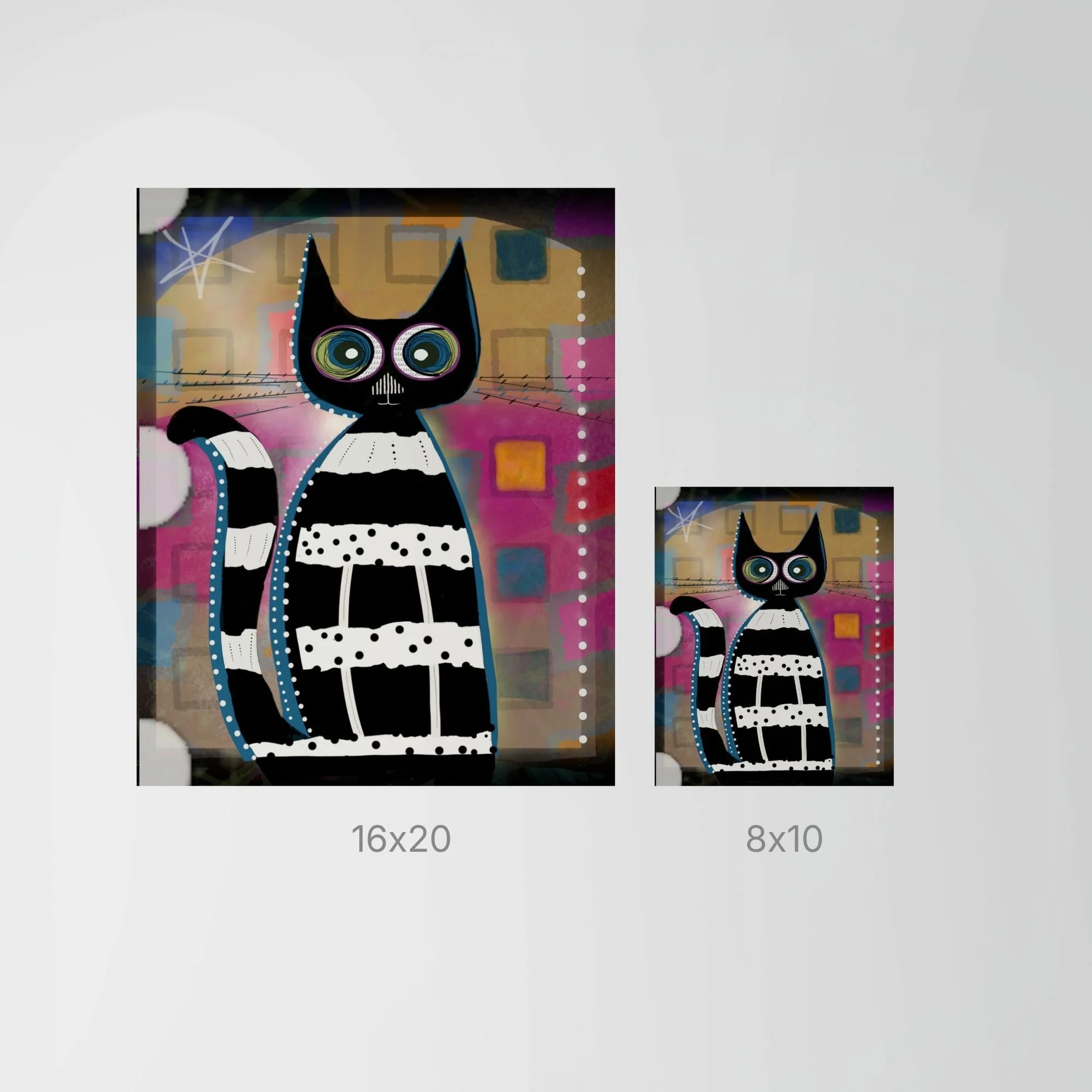 Jailbird Cat art print size comparison showing 8x10 and 16x20 prints for scale.