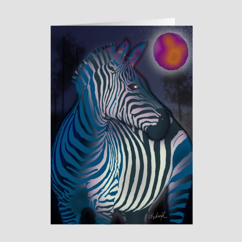 Whimsical zebra greeting card titled Midnight by artist Katie Thornsvard featuring a teal and blue striped zebra beneath a glowing colorful orange and magenta moon against a dark night sky.