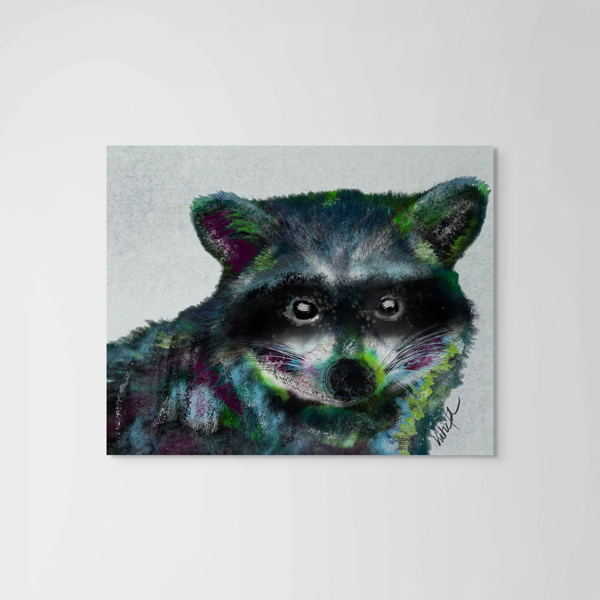 Dusk Bandit raccoon art print by Wild Thorn Collective featuring a colorful raccoon portrait in blues, teals, greens, and magentas.