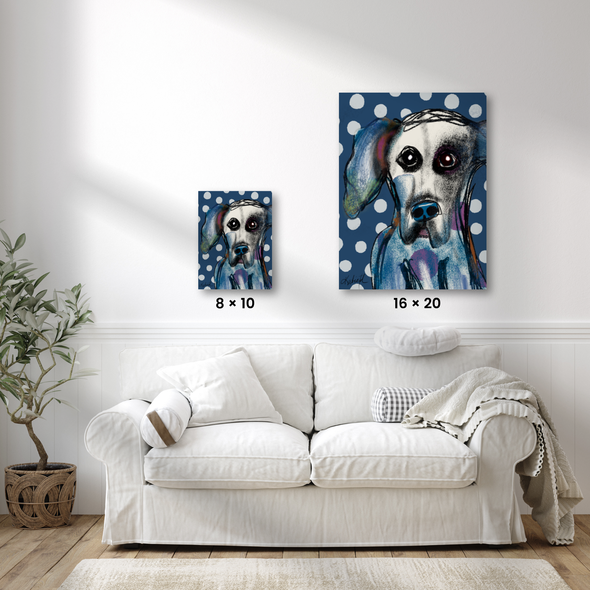 Wild Thorn Collective Polka Dog art print shown unframed in 8 × 10 and 16 × 20 sizes to compare scale above a loveseat in a modern living room.
