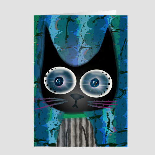 Night Vision whimsical black cat greeting card by artist Katie Thornsvard for Wild Thorn Collective featuring a wide-eyed cat with glowing blue eyes against a layered blue abstract background