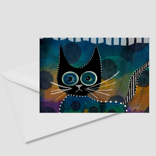 Moonlight Patrol black cat greeting card with white envelope, featuring colorful whimsical cat artwork by Wild Thorn Collective.