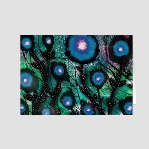 Whimsical floral illustration with glowing blue flowers and starry centers on a teal and black cosmic background, greeting card artwork by Wild Thorn Collective.
