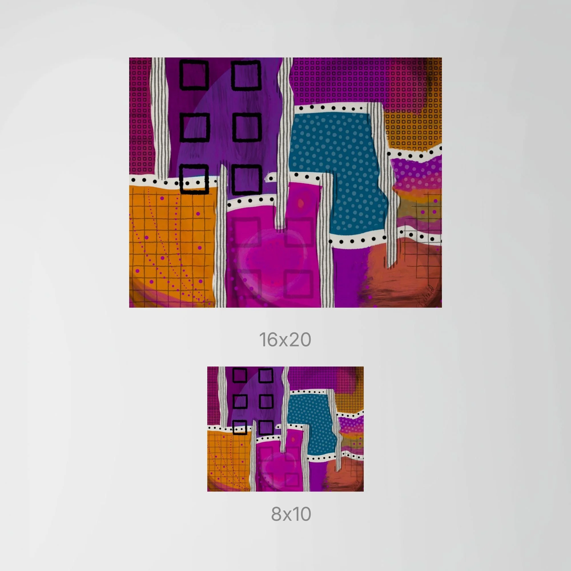 City Stitch art print size comparison showing 8x10 and 16x20 prints for scale.