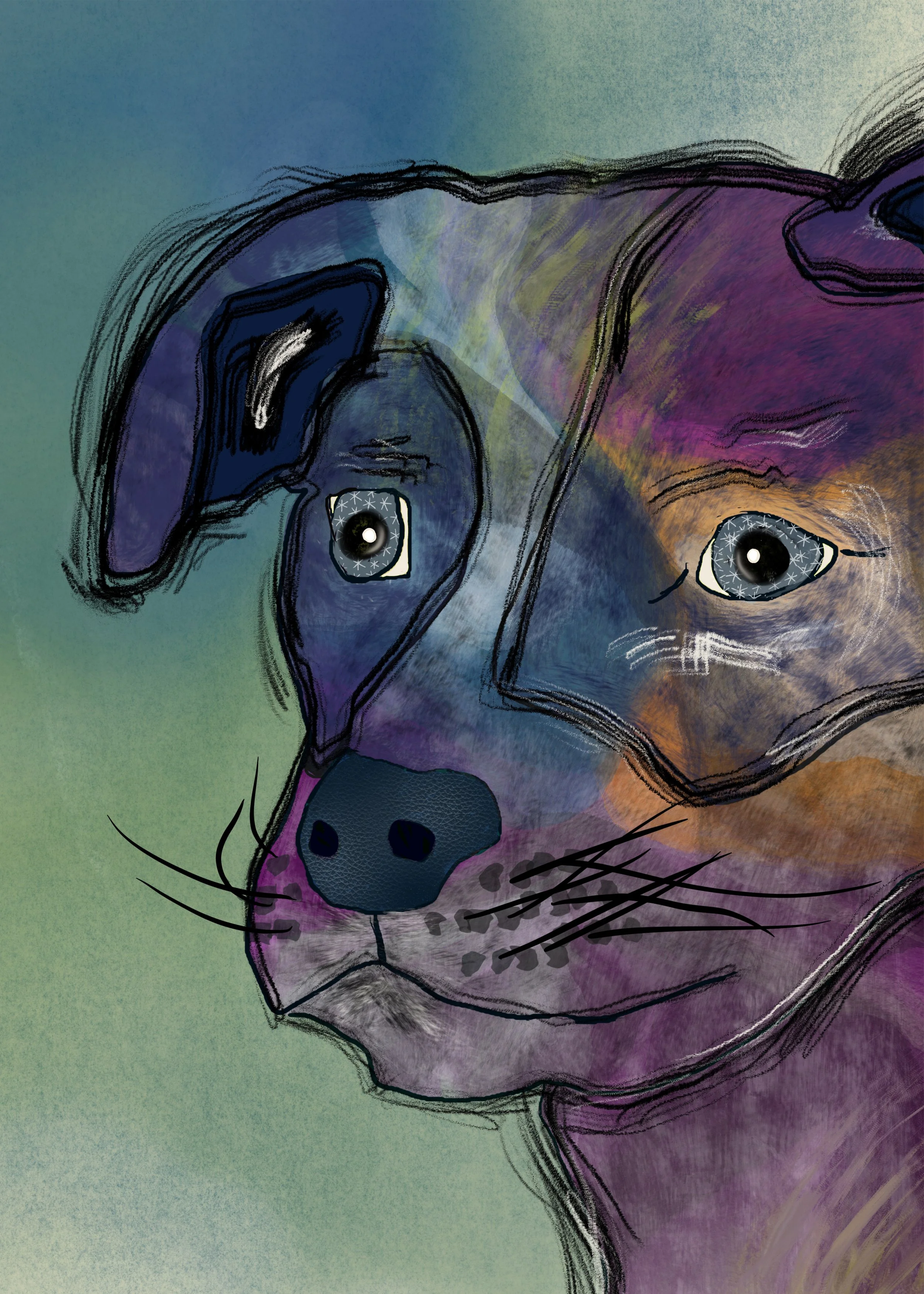 a colorful, whimsical painting of a dog and the inaugural art print for Wild Pack Print Club