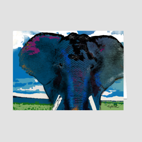 A horizontal 7x5 greeting card featuring a close-up digital painting of a whimsical blue elephant.