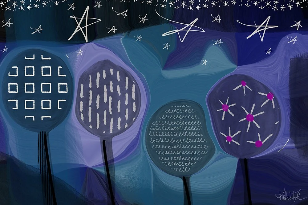 Abstract trees with patterned tops stand against a swirling night sky filled with playful stars, creating a whimsical nighttime landscape.