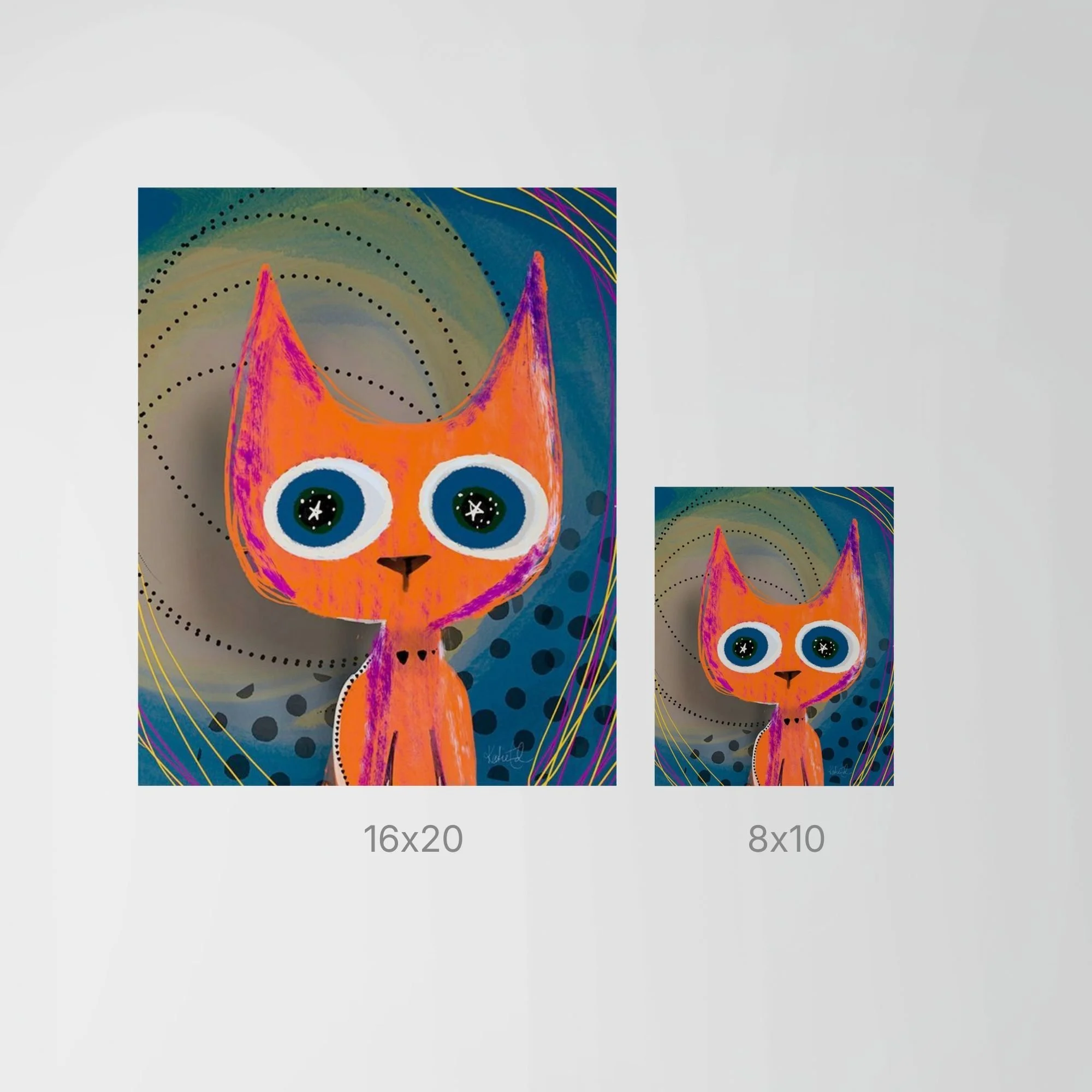Stars in Her Eyes art print size comparison showing 8x10 and 16x20 prints for scale.