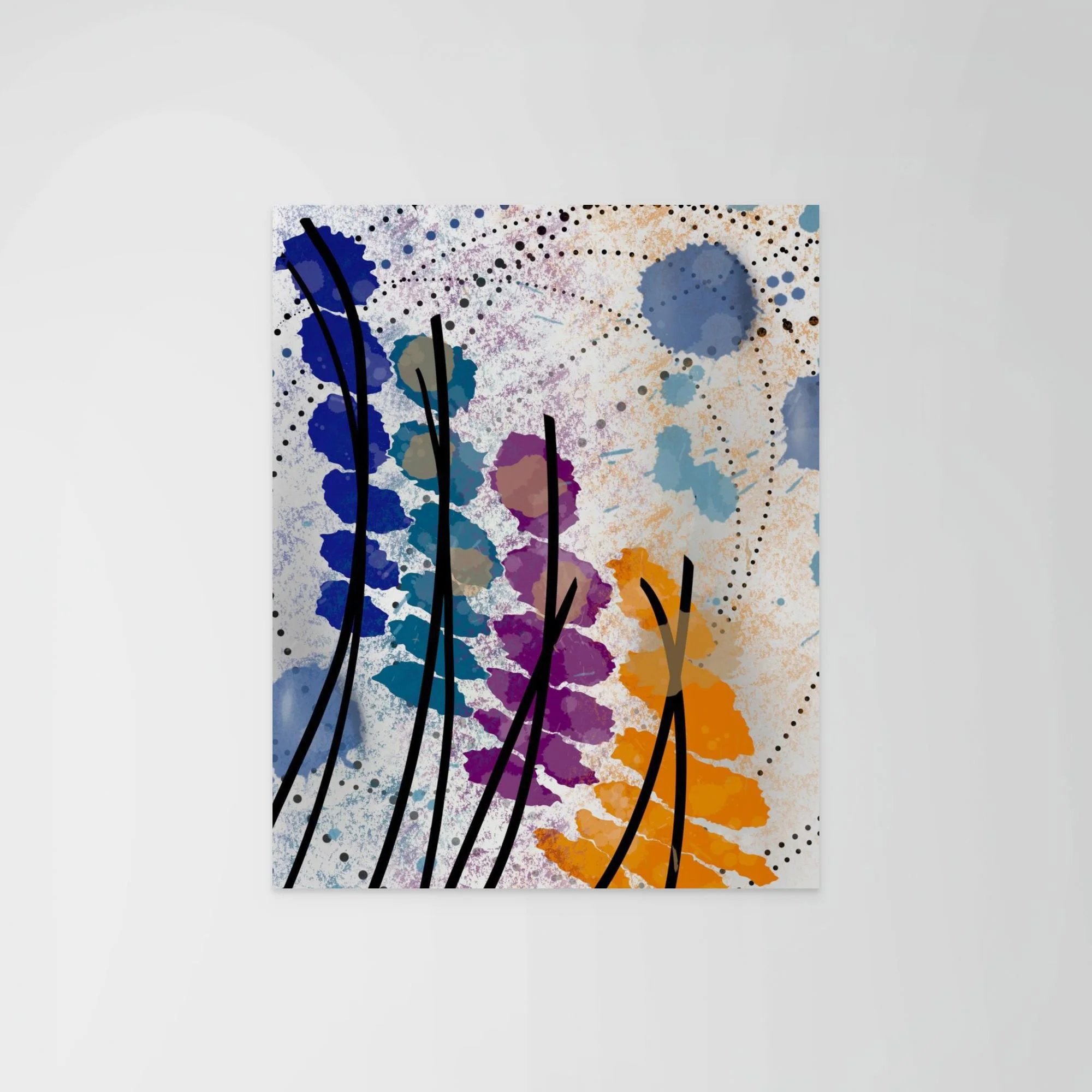Abstract art print Sway & Drift by Wild Thorn Collective with curved black lines and layered blue, teal, purple, and orange shapes.
