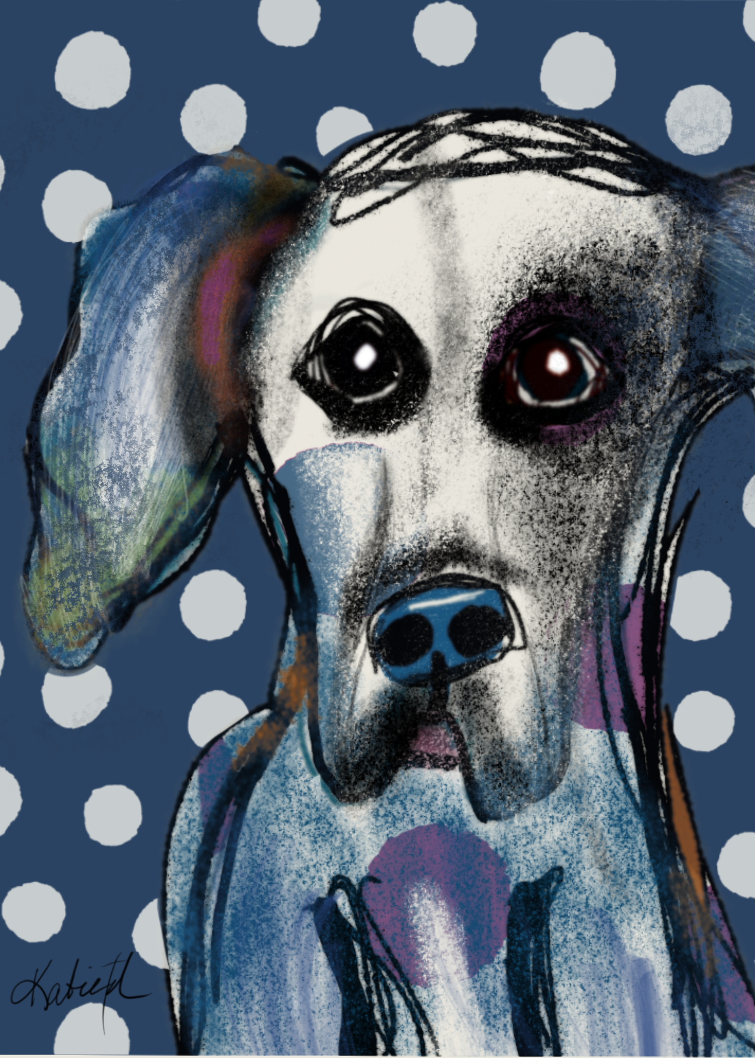 Whimsical painting of a dog with expressive eyes and teal and purple spots on a blue background with white polka dots.