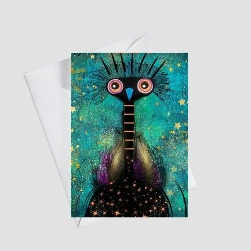 Whimsical bird greeting card with wide expressive eyes, spiky feathers, and a star-filled body on a teal cosmic background, shown with a white envelope, by Wild Thorn Collective.