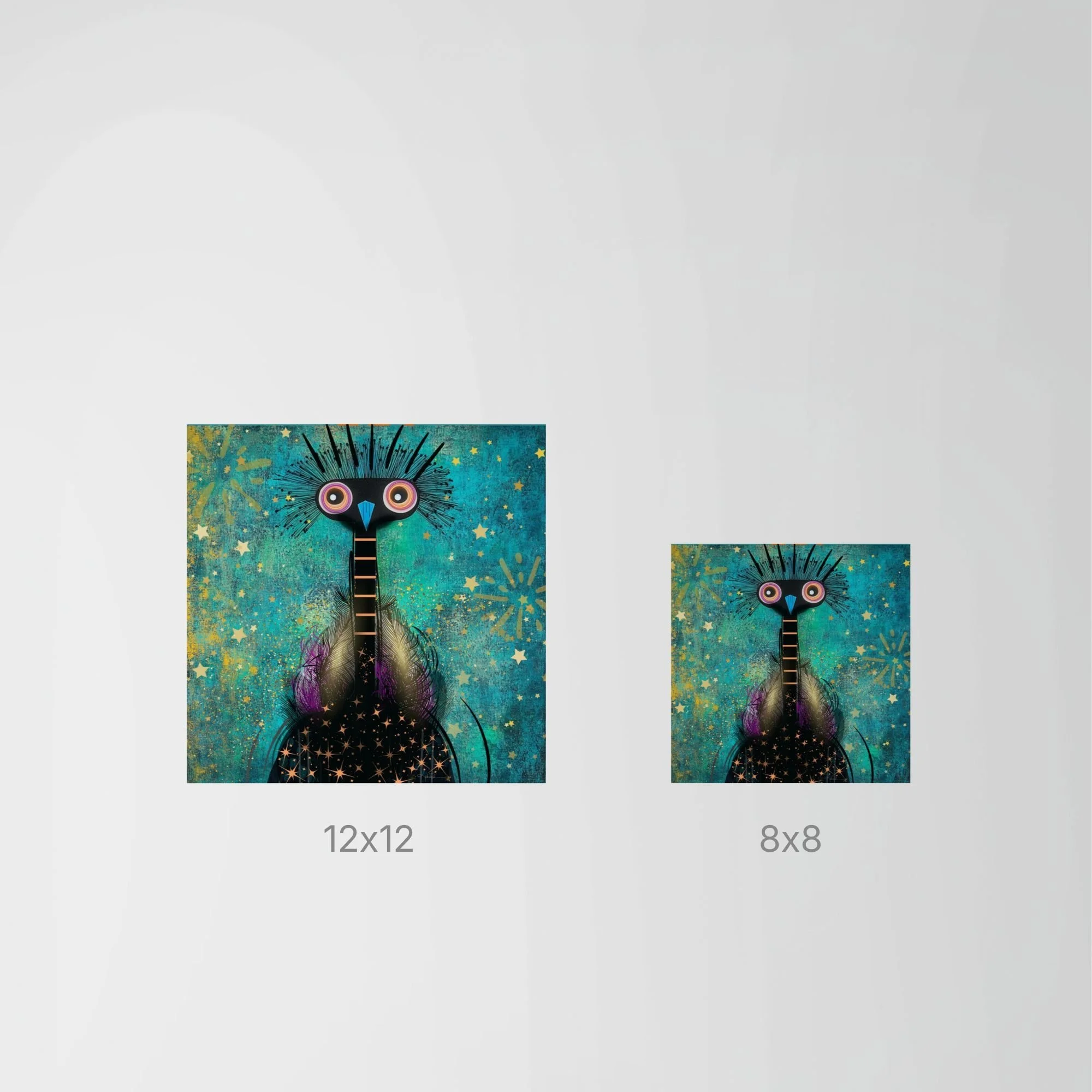Size comparison showing Quirky Gaze art print by Wild Thorn Collective, with an 8x8 print displayed next to a larger 12x12 print on a neutral background.