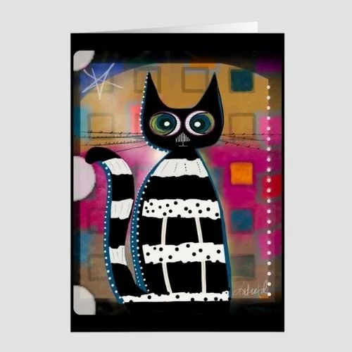 Whimsical black-and-white cat illustration with striped patterns and bright expressive eyes on a colorful geometric background, greeting card artwork by Wild Thorn Collective.