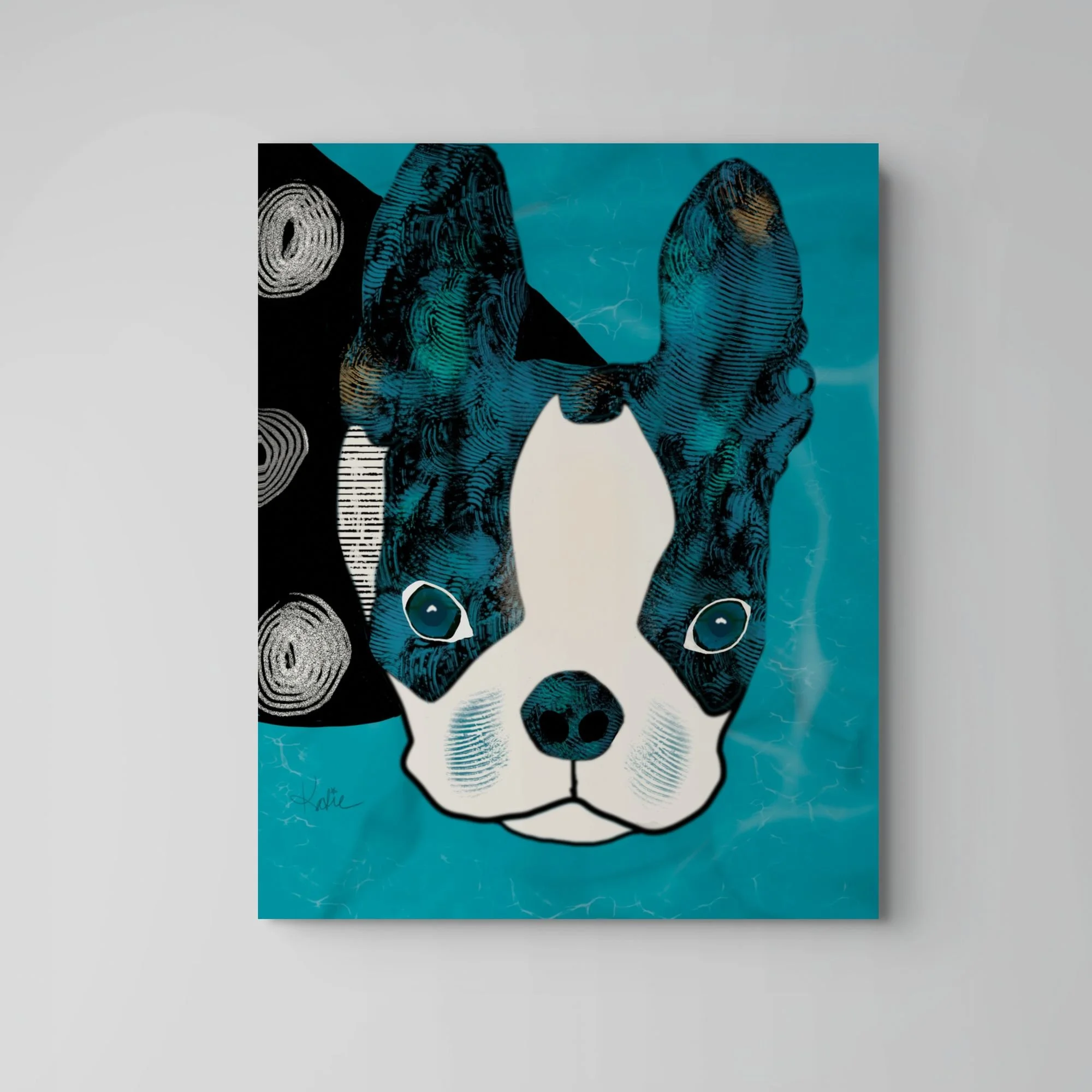 Colorful Boston Terrier art print titled Pool Party featuring a black and white dog with bright blue eyes and colorful ears against a turquoise swimming pool background.