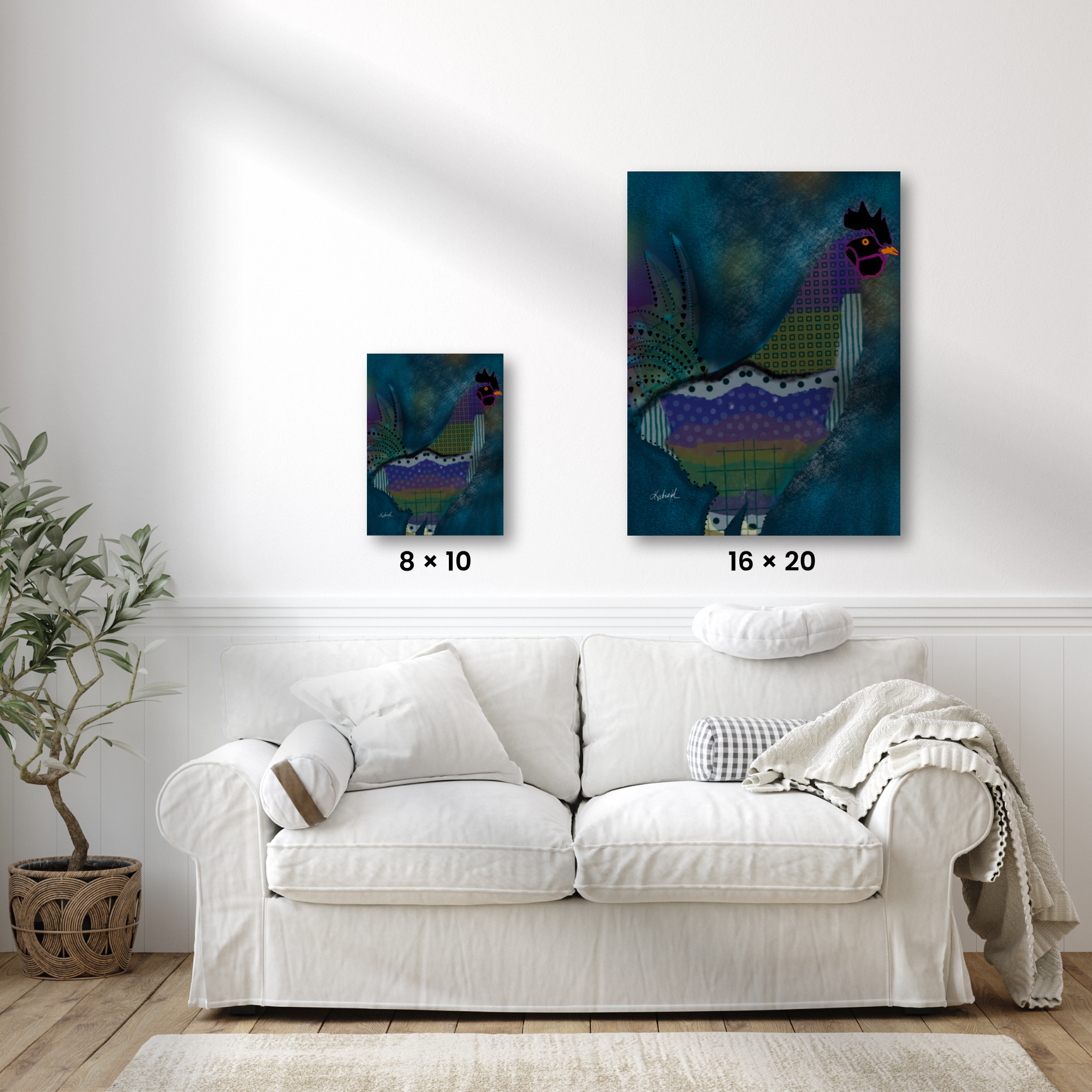 Colorful rooster wall art shown in 8x10 and 16x20 print sizes above a white sofa for scale.