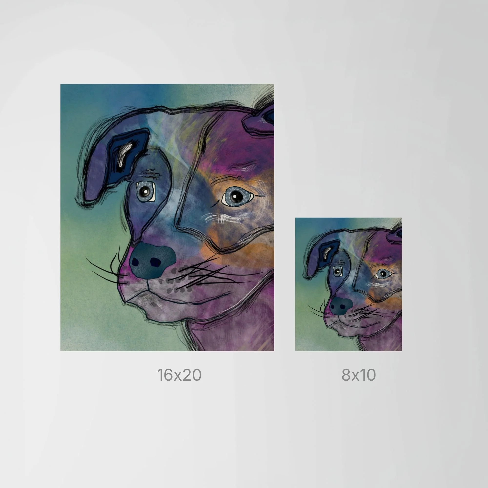 Stargazer Dog art print size comparison showing 8x10 and 16x20 prints for scale.
