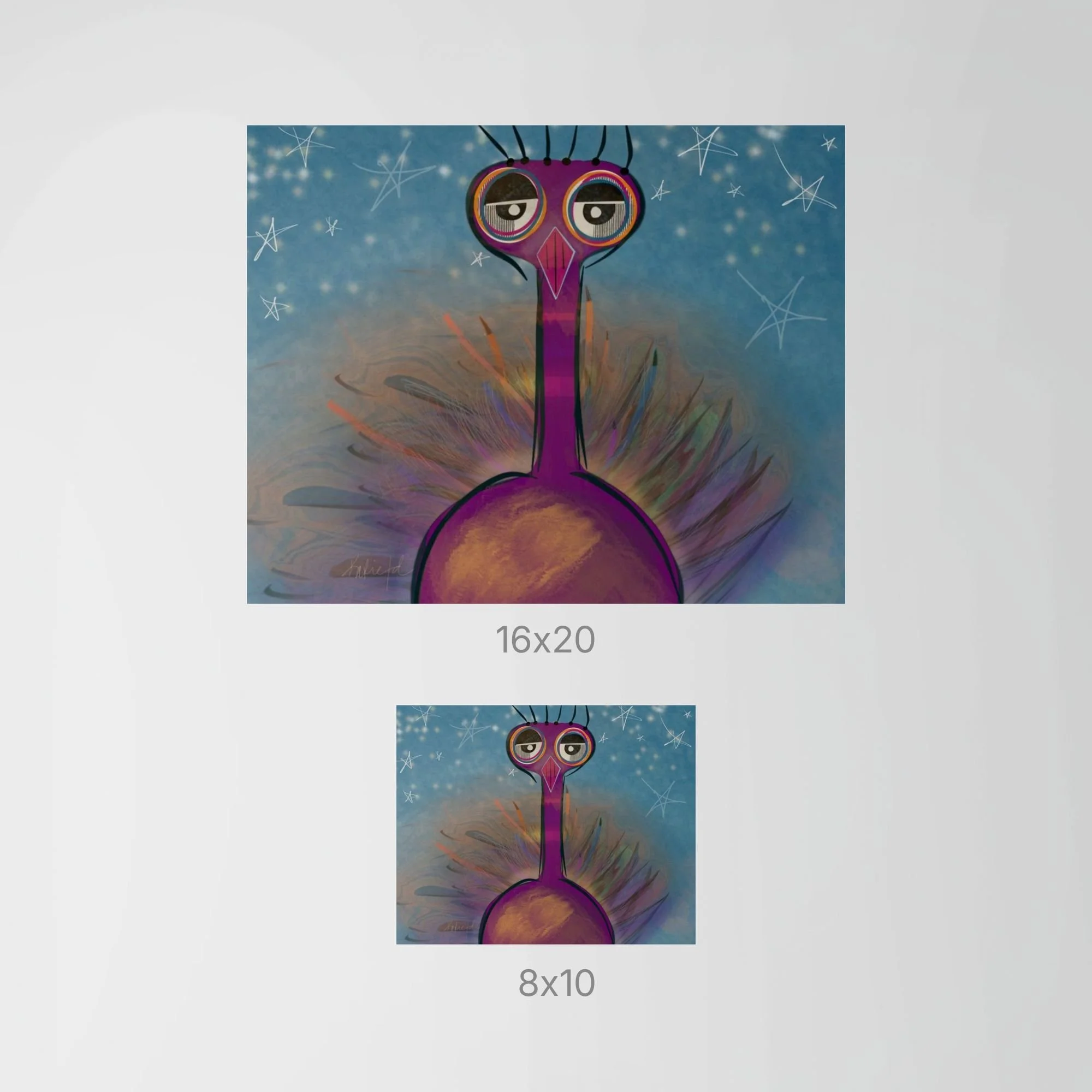Size comparison of the Starbird whimsical bird art print displayed in 8×10 and 16×20 sizes to illustrate scale.