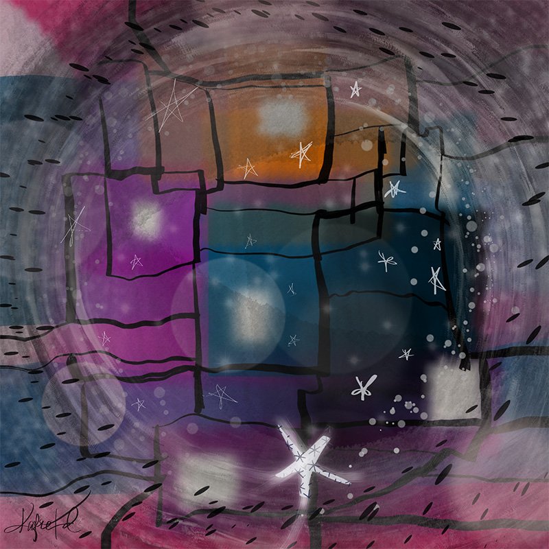 Colorful abstract painting with bold blocks of purple, blue, and orange surrounded by swirling textures and rough hand-drawn stars in a cosmic night sky style