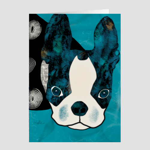 Boston Terrier greeting card featuring a black and white dog with bright blue eyes and colorful ears against a turquoise swimming pool background.