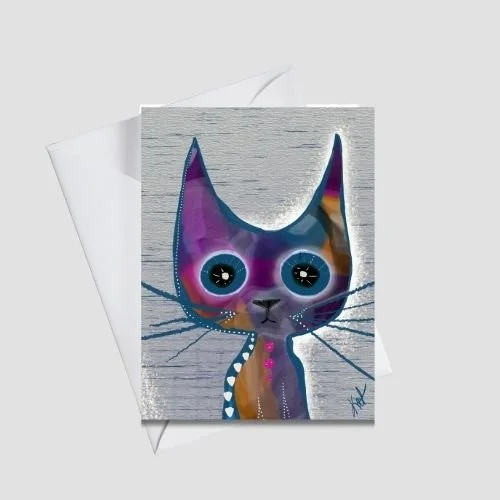 Whimsical multicolored cat greeting card with wide expressive eyes and painterly texture on a soft gray background, shown with a white envelope, by Wild Thorn Collective.