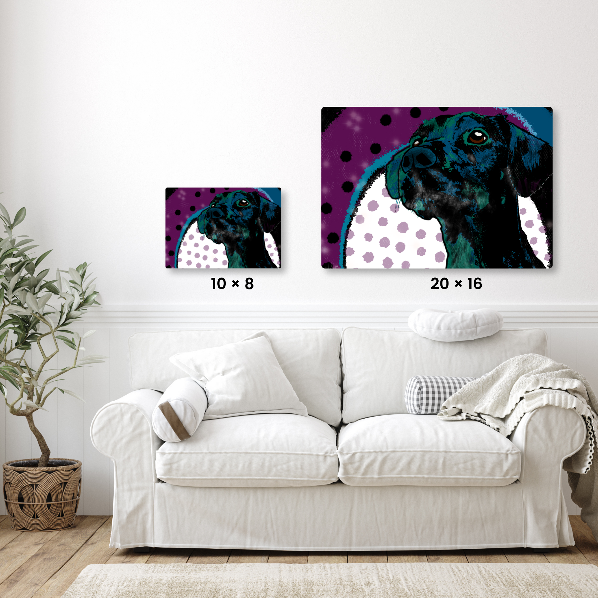 Colorful Size comparison of Squirrel Watch dog art print by Katie Thornsvard of Wild Thorn Collective, featuring an alert dog looking upward toward the trees.