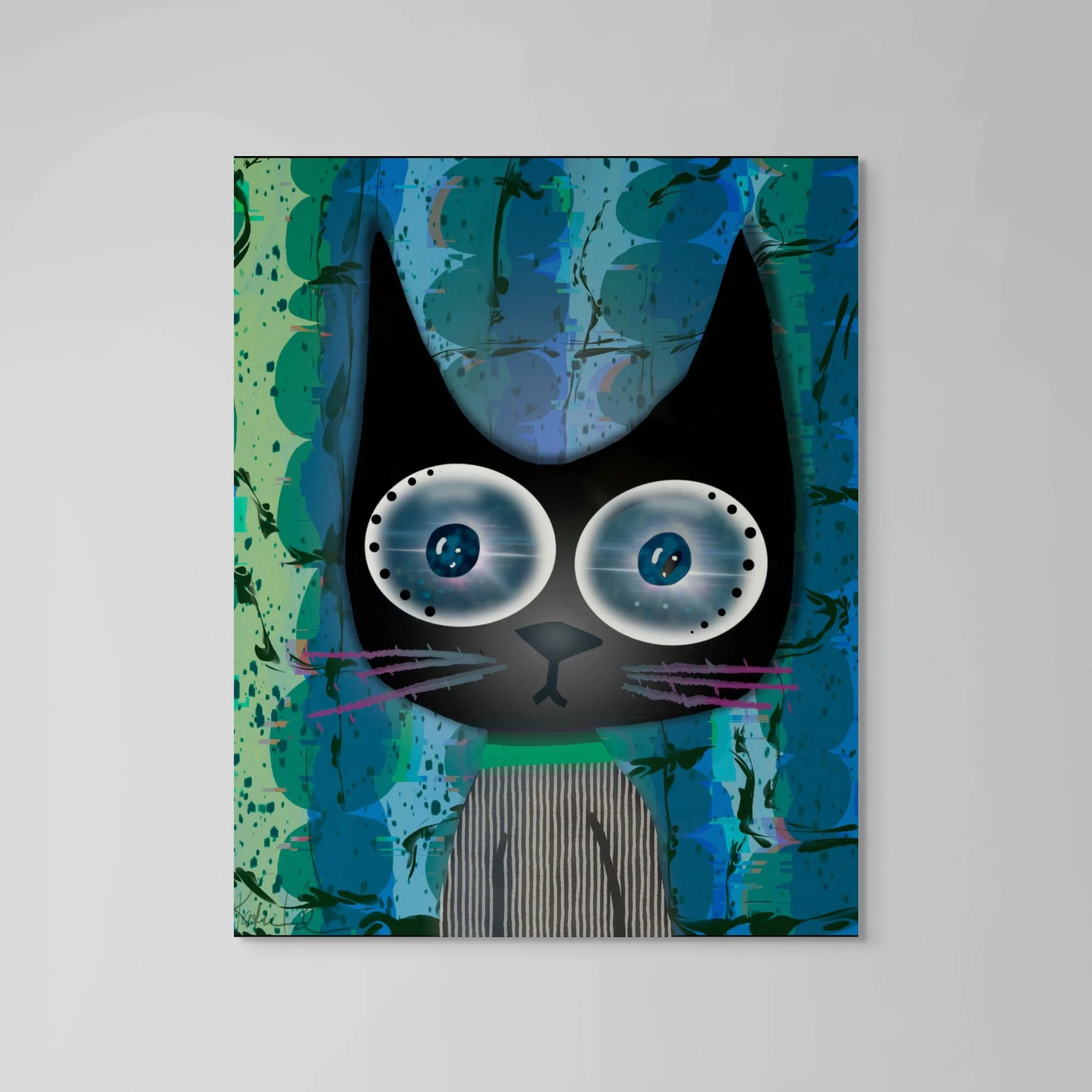 Painting of a black cat with large blue eyes on a textured teal and navy background with purple whiskers.