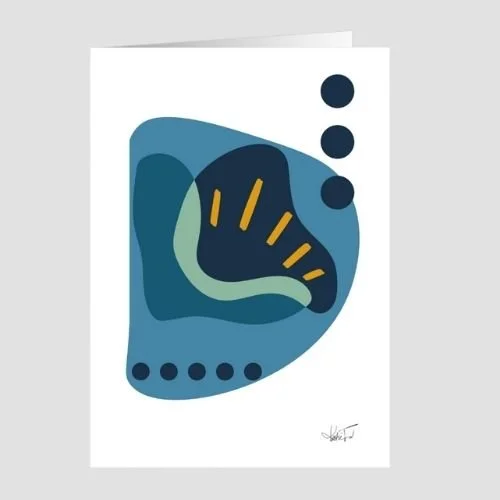 Whimsical black-and-gray dog illustration gazing upward with a bright blue eye on a warm coral background with subtle heart details, greeting card artwork by Wild Thorn Collective.