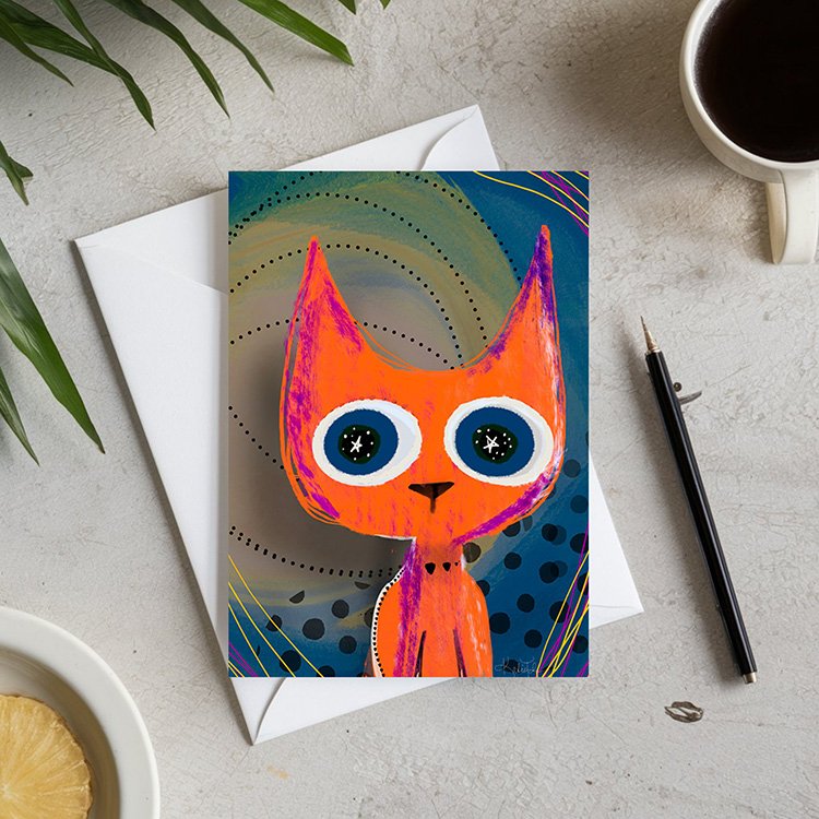 Greeting card featuring a wide-eyed orange cat with star-filled pupils and cosmic dotted accents. Bold and whimsical feline design, perfect for cat lovers and playful stationery.