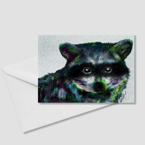Dusk Bandit whimsical raccoon greeting card displayed with a white envelope.