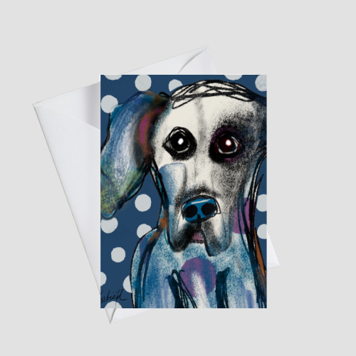 Polka Dog whimsical Great Dane greeting card by Katie Thornsvard, featuring a colorful blue dog with soulful eyes against a blue and white polka-dot background.