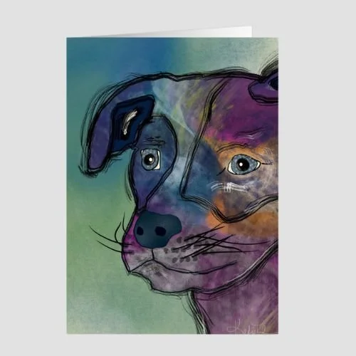 Whimsical dog illustration with expressive starry eyes and layered purple and blue tones on a soft green background, greeting card artwork by Wild Thorn Collective.