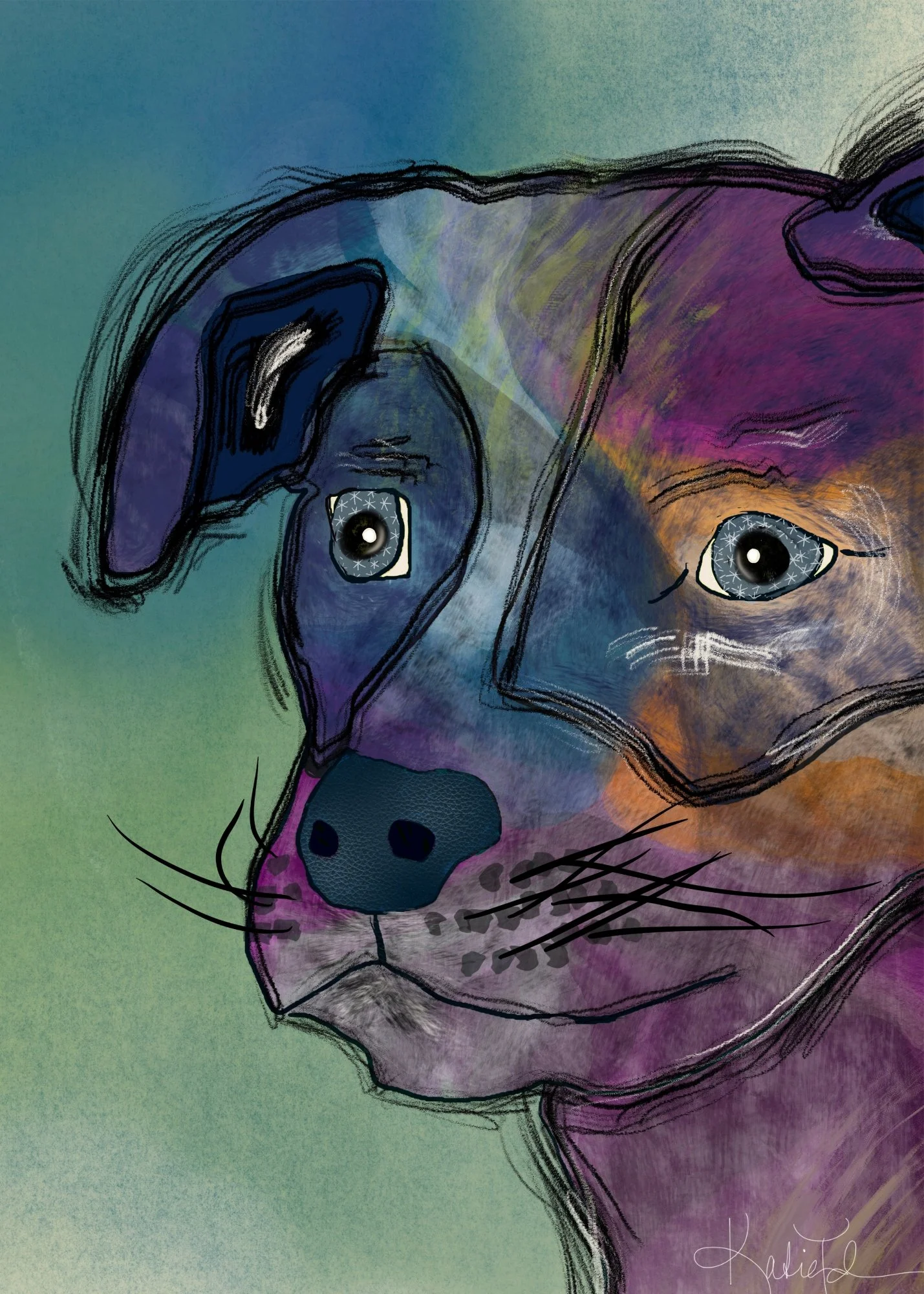 Stargazer Dog, a whimsical dog portrait with star-filled eyes and layered blues, teals, and purples on a soft green background, illustrated by Katie Thornsvard for the Wild Pack Print Club.