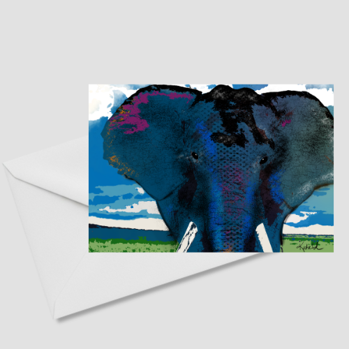 A 7x5 blue elephant greeting card tucked into a white envelope on a gray background.