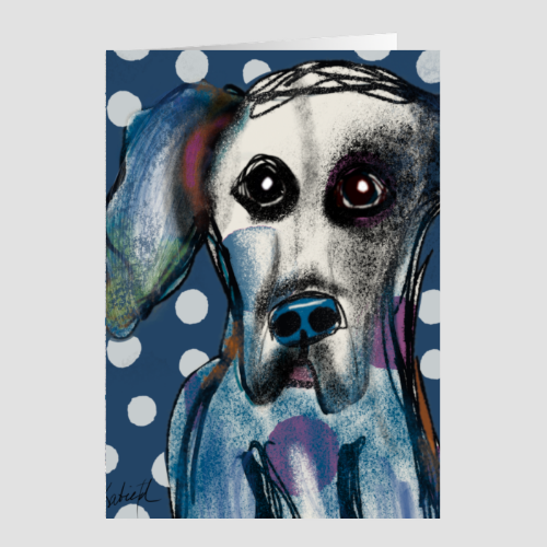Polka Dog whimsical Great Dane greeting card by Katie Thornsvard, featuring a colorful blue dog with soulful eyes against a blue and white polka-dot background.