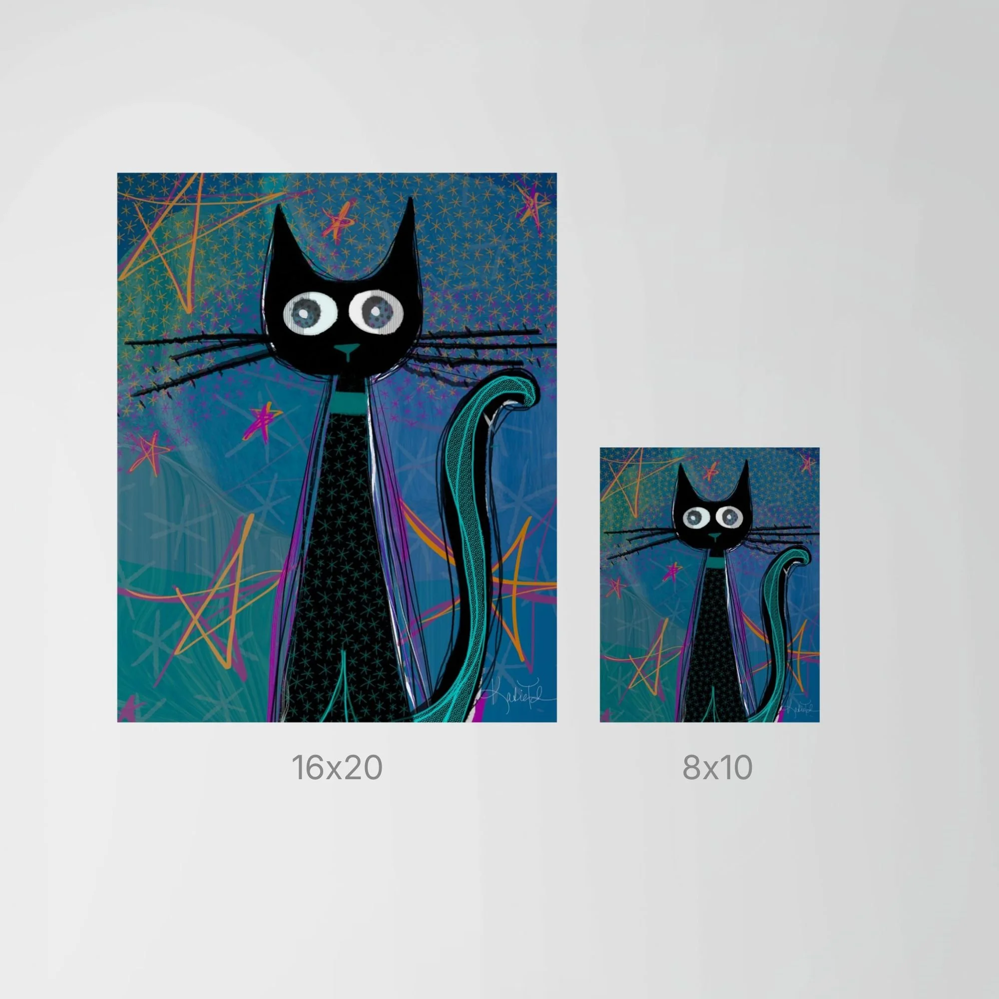 Ziggy Pawdust art print size comparison showing 8x10 and 16x20 prints for scale.