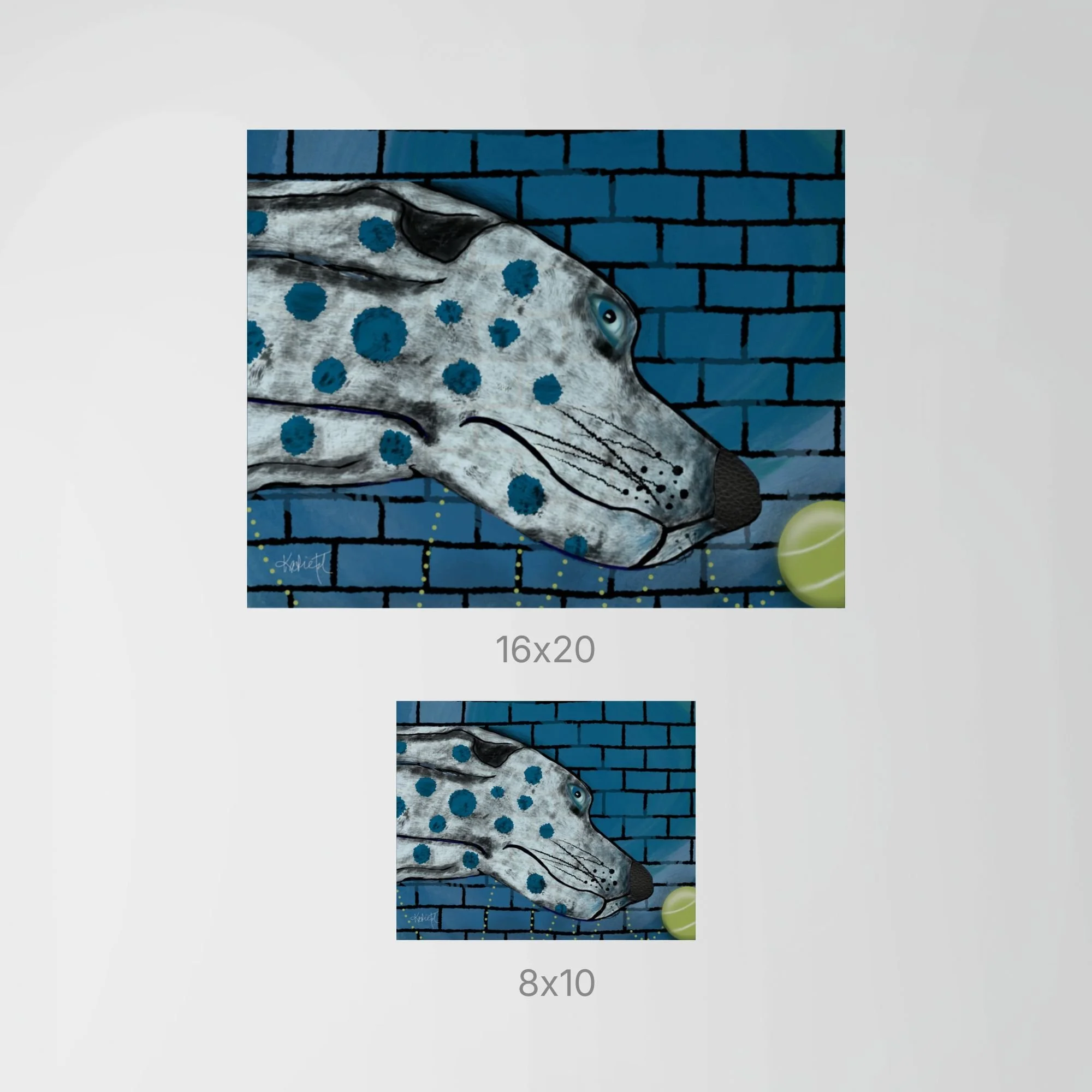 Size comparison showing the Go Get It whimsical dog art print displayed in 8×10 and 16×20 sizes to illustrate scale.