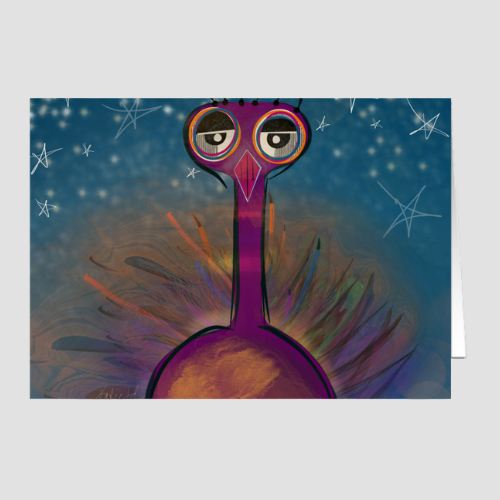 Starbird whimsical bird greeting card by Katie Thornsvard featuring a long-necked colorful bird looking at stars against a blue night sky with abstract feather textures.