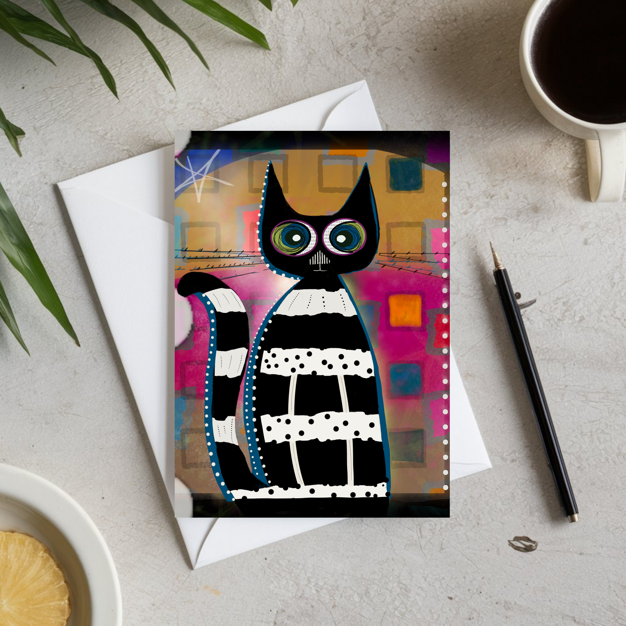 Jailbird Cat | Whimsical Black & White Cat Greeting Card