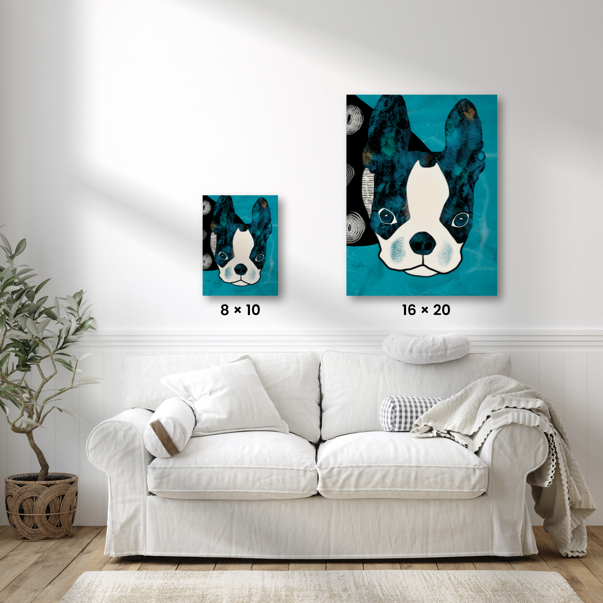 Colorful Boston Terrier art print titled Painting entitled Pool Party featuring a black and white dog with bright blue eyes and colorful ears against a turquoise swimming pool background.