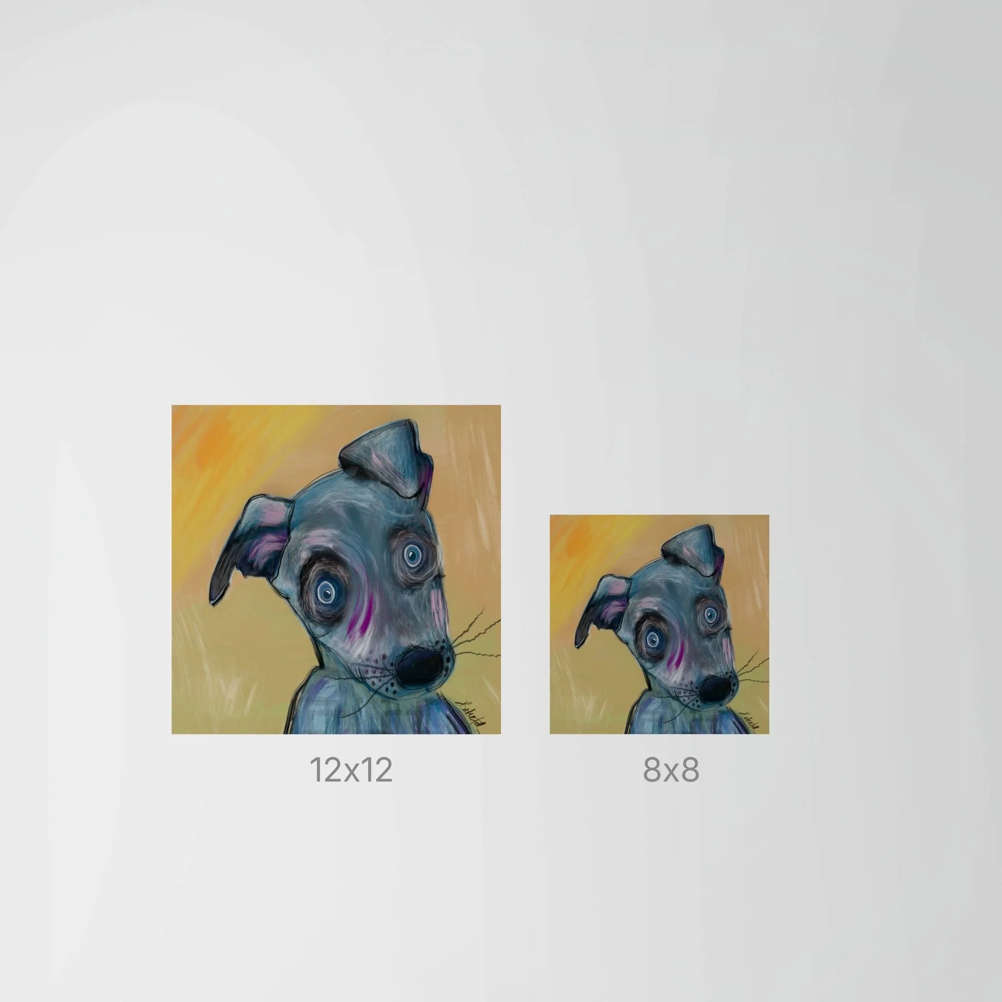 Size comparison showing Little Soul art print by Wild Thorn Collective, with an 8x8 print displayed next to a larger 12x12 print on a neutral background.