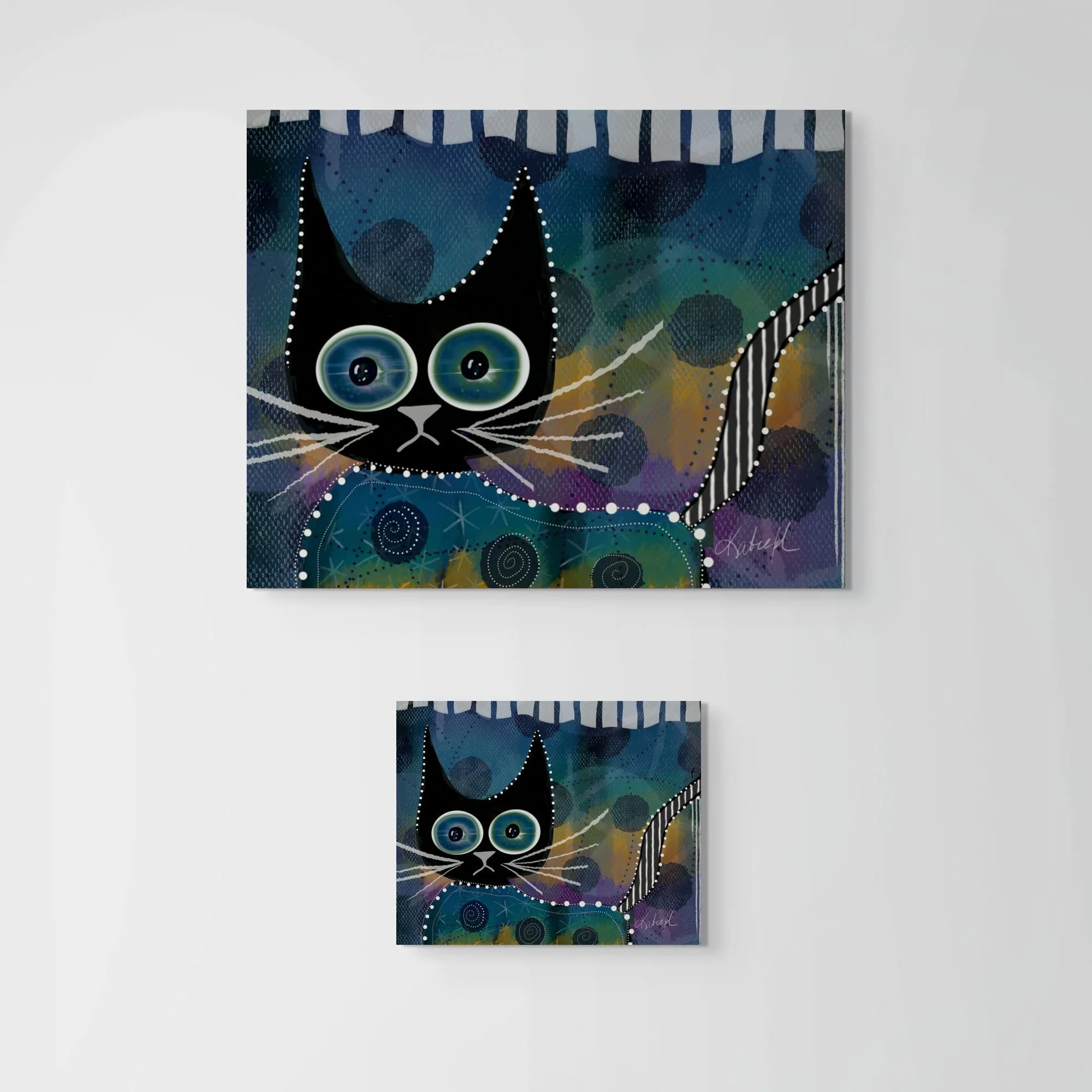 Moonlight Patrol by Wild Thorn Collective featuring a whimsical black cat with glowing blue eyes against a colorful moonlit background.