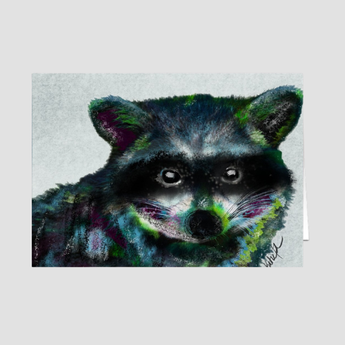Dusk Bandit whimsical raccoon greeting card featuring original artwork by Wild Thorn Collective.