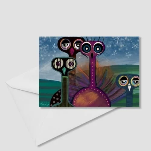 Folded 5x7 greeting card featuring the Neighborhood Watch bird artwork paired with a white envelope, showcasing whimsical illustrated birds by Katie Thornsvard