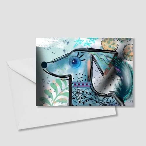 Abstract dog greeting card with blue and teal tones, playful linework, and layered textures on a light gray background, shown with a white envelope, by Wild Thorn Collective.