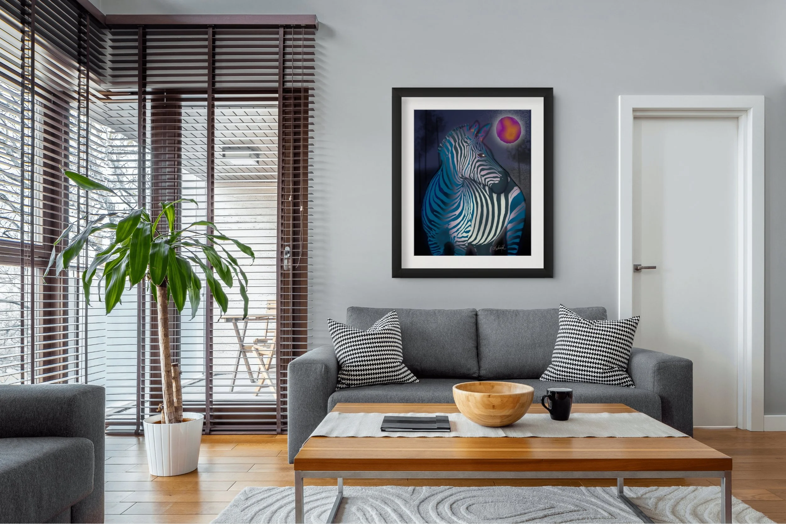 Midnight | Whimsical zebra wall art styled with bold, colorful decor for an eclectic space