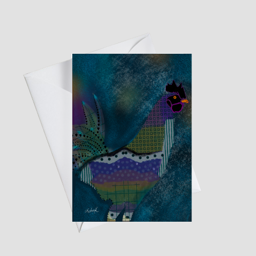 Colorful rooster greeting card with white envelope, featuring quirky patterned chicken artwork in teal, purple and green.