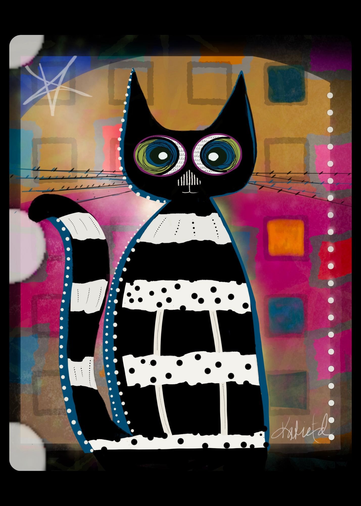 Jailbird Cat, a bold black-and-white cat illustration with graphic stripes and colorful abstract blocks in the background, by Katie Thornsvard for the Wild Pack Print Club.