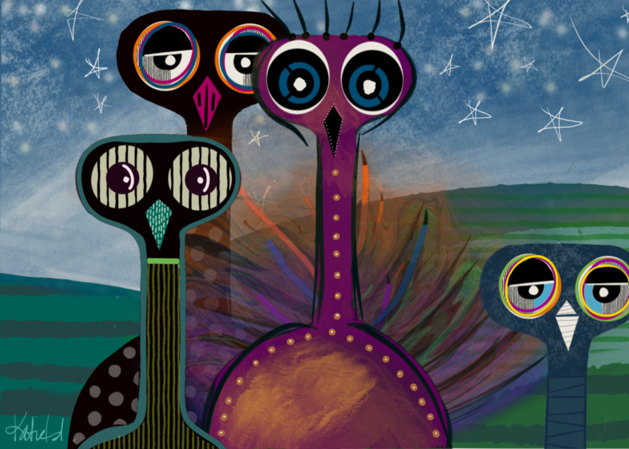 Neighborhood Watch, a whimsical illustration of colorful, wide-eyed birds standing together under a starry sky, created by Katie Thornsvard for the Wild Pack Print Club.